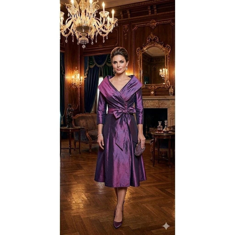 Teri Jon Vintage Iridescent Purple Taffeta Midi Gown Portrait Collar Dress 2 Lux